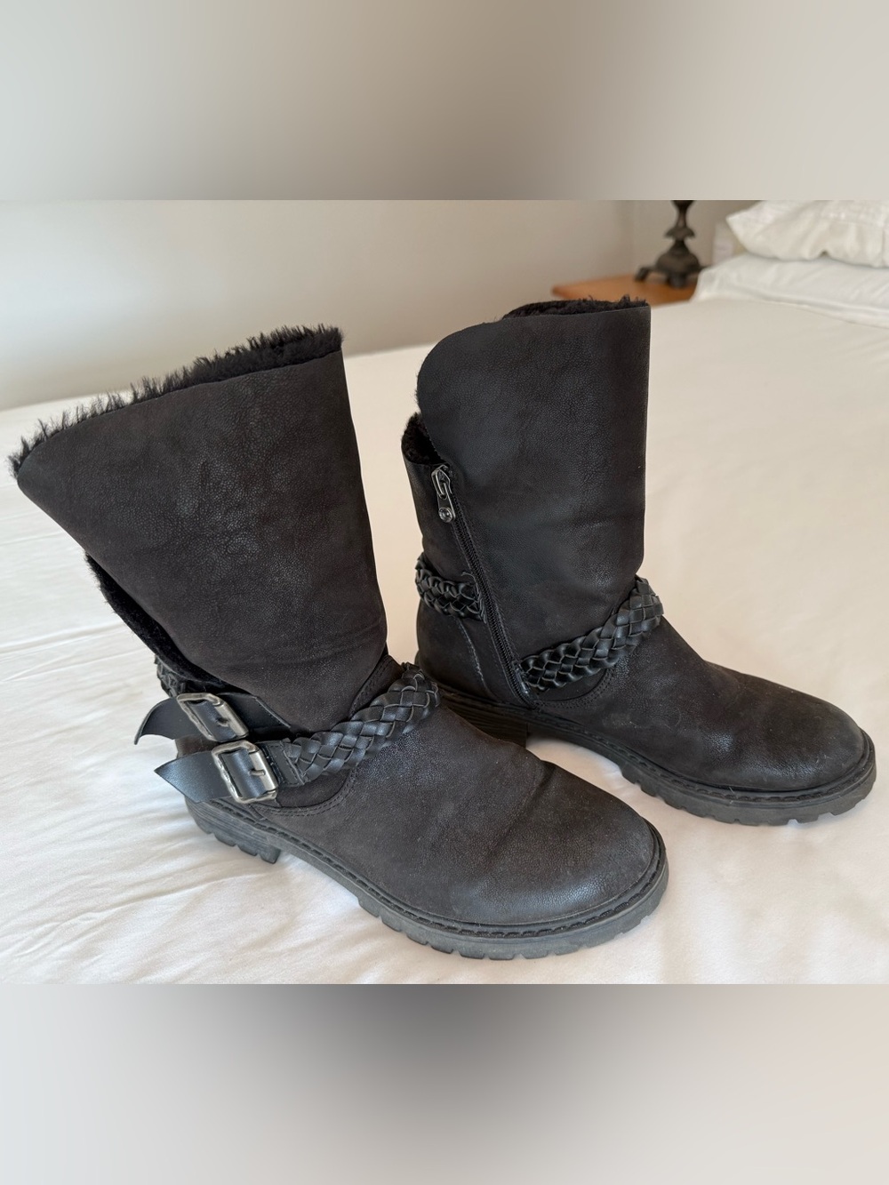 Braided Strap Mid-Calf Heeled Boots in Black with Faux-Fur Cuff